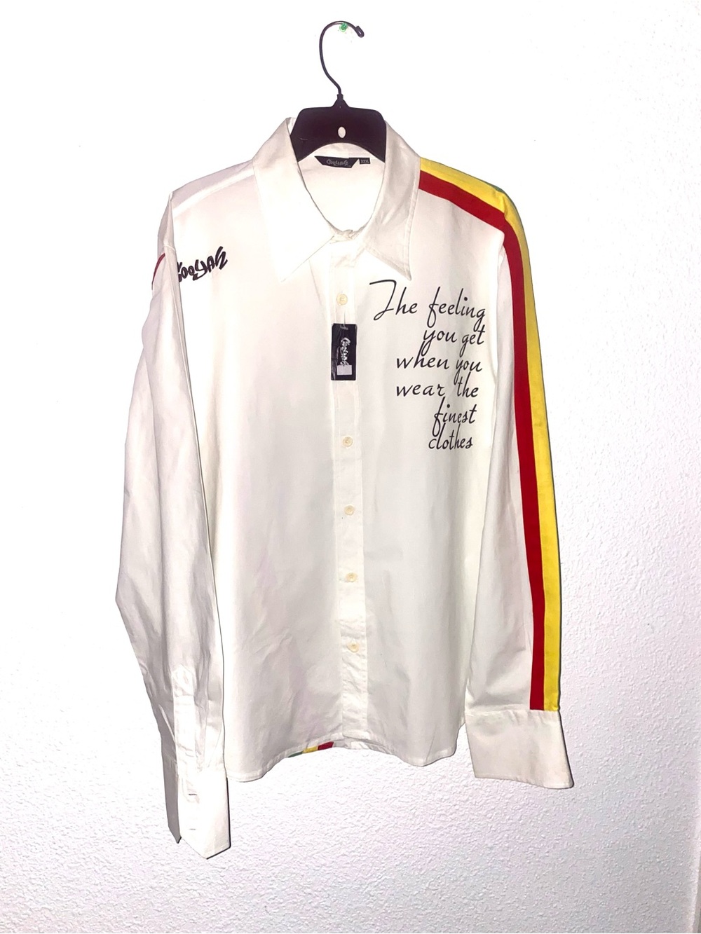 Men's White Button-Up Shirt with Red Gold & Green Stripe